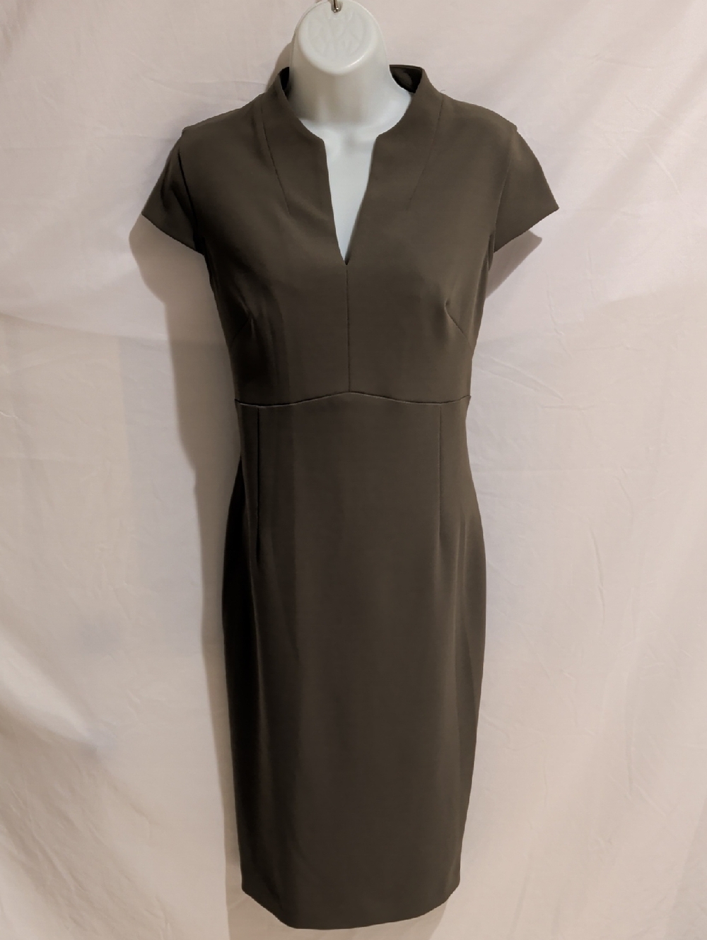 Calvin Klein Olive Midi Sheath Dress with Notch V-Neck